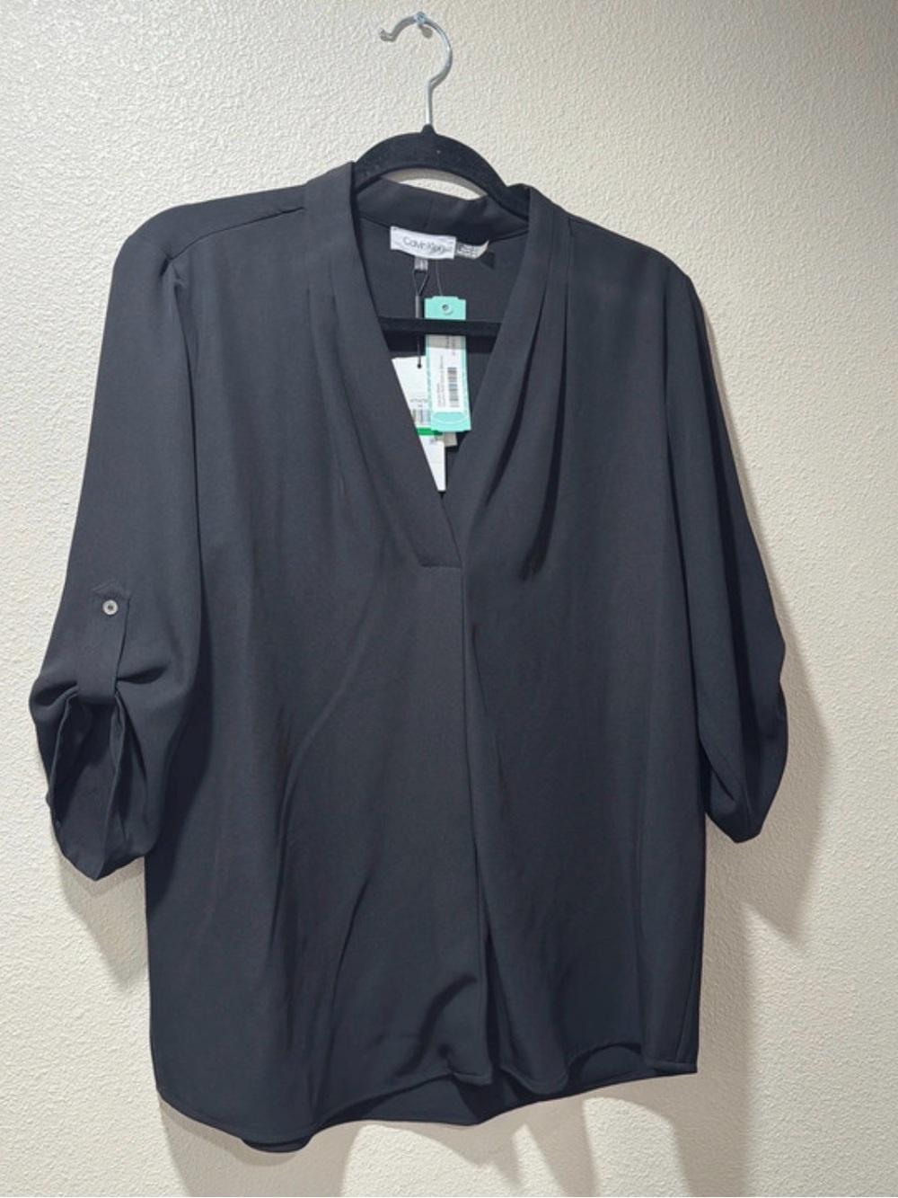Calvin Klein Black V-Neck Roll-Sleeve Blouse